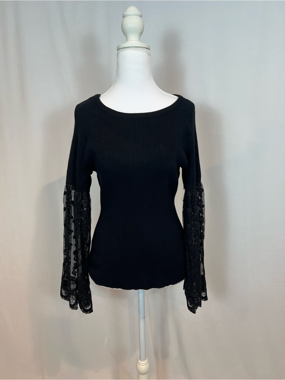 Cato Black Knit Top with Lace Bell Sleeves